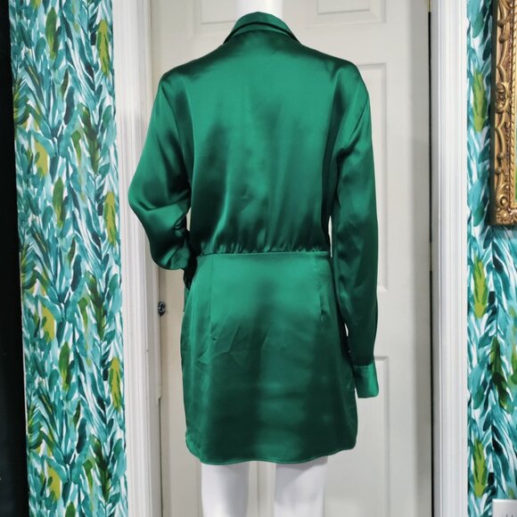 Zara Glamour Chic Collared Satin Effect Wrap Mini Dress Green Women's Medium - Picture 4 of 9